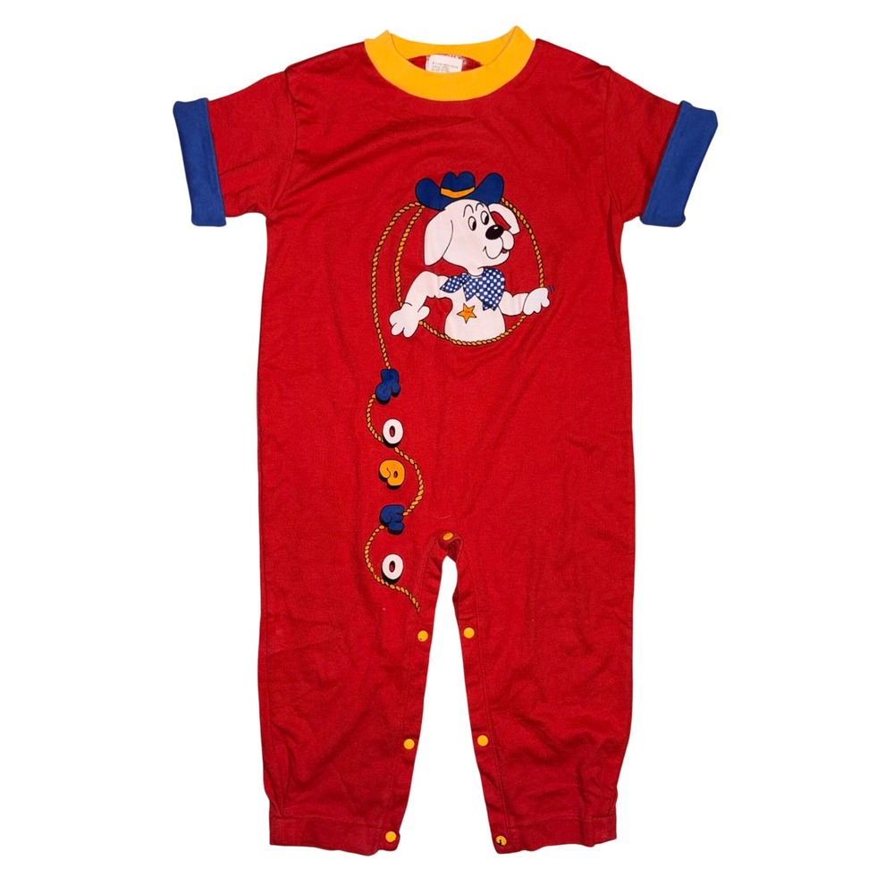 Vintage Rainbow Connection Kids 4T Red Cowboy Dog Rodeo Romper One Piece Snaps